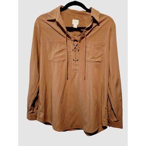 Chico's 1 Size XL Shirt Top Beige Tan Lace Up Poet V Neck Long Sleeve Stretch